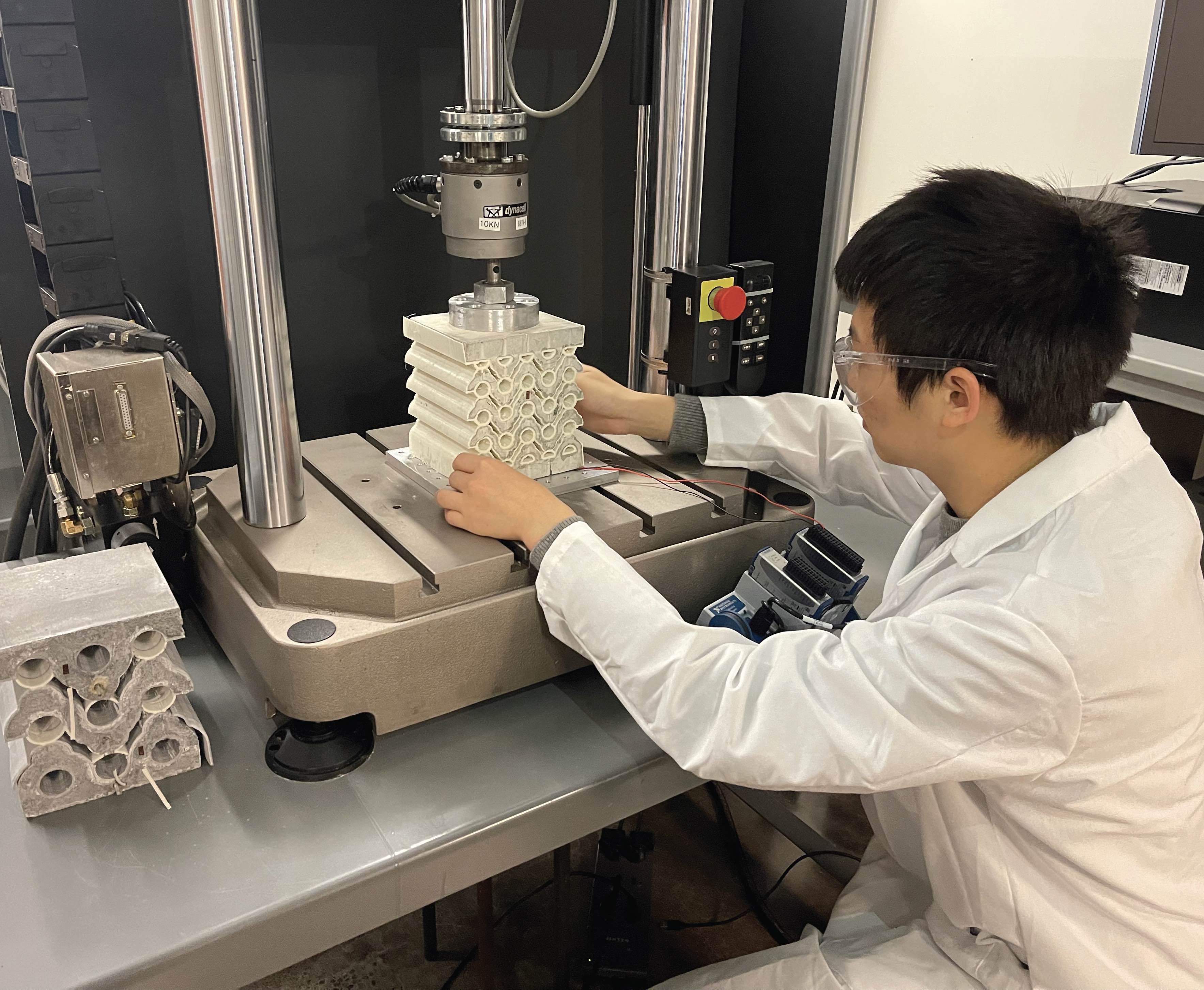 Figure 1. Metamaterials were prepared in 3 x 3 and 5 x 5 unit cells through the use of a 3D printer. Incorporation into Type I/II Portland cement and water led to the production of concrete that exhibits triboelectric properties and has potential for use in intelligent infrastructure systems, including the ability to communicate with electric vehicles. Figure courtesy of the University of Pittsburgh.