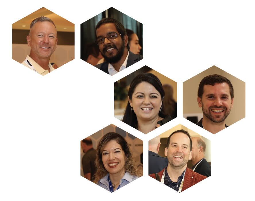 Six hexagons, each with a photo of a smiling person inside it