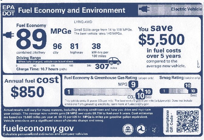 The fuel economy section of the 2024 Lyriq window sticker.