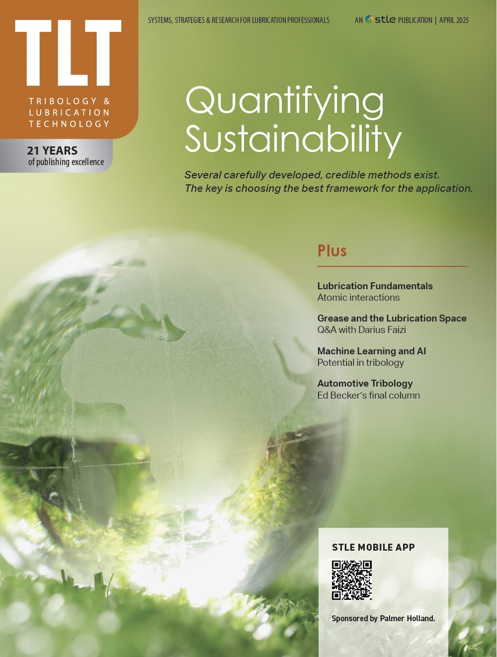 The cover of the April 2025 TLT, which is green with a globe image and the title Quantifying Sustainability