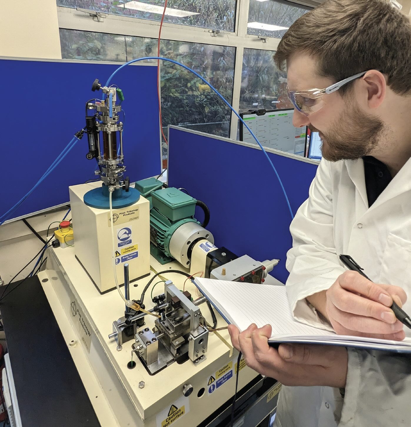 James working on tribotesting with ammonia degraded lubricant.