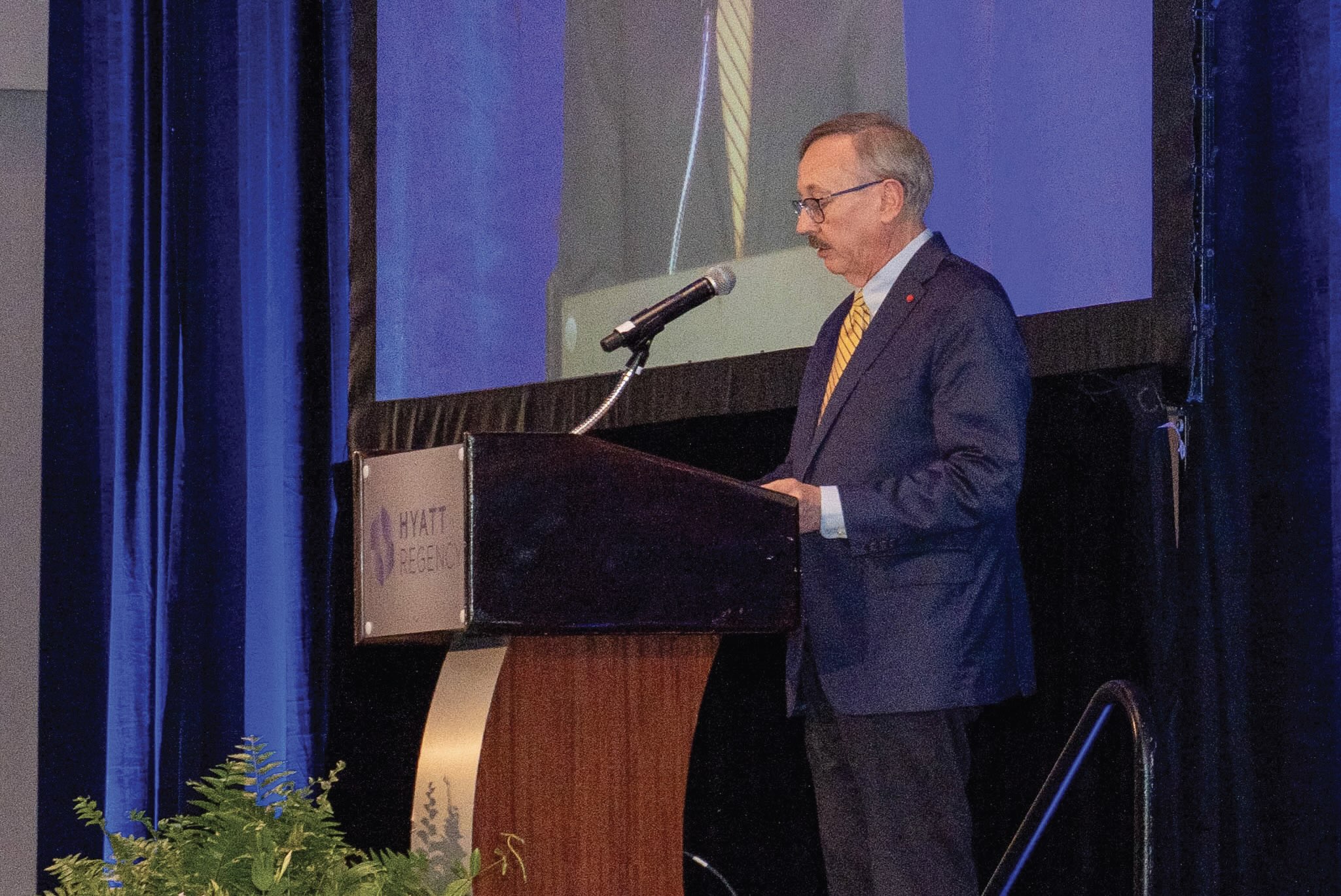 Kevin Delaney gives his speech onstage at the 2025 STLE Annual Meeting