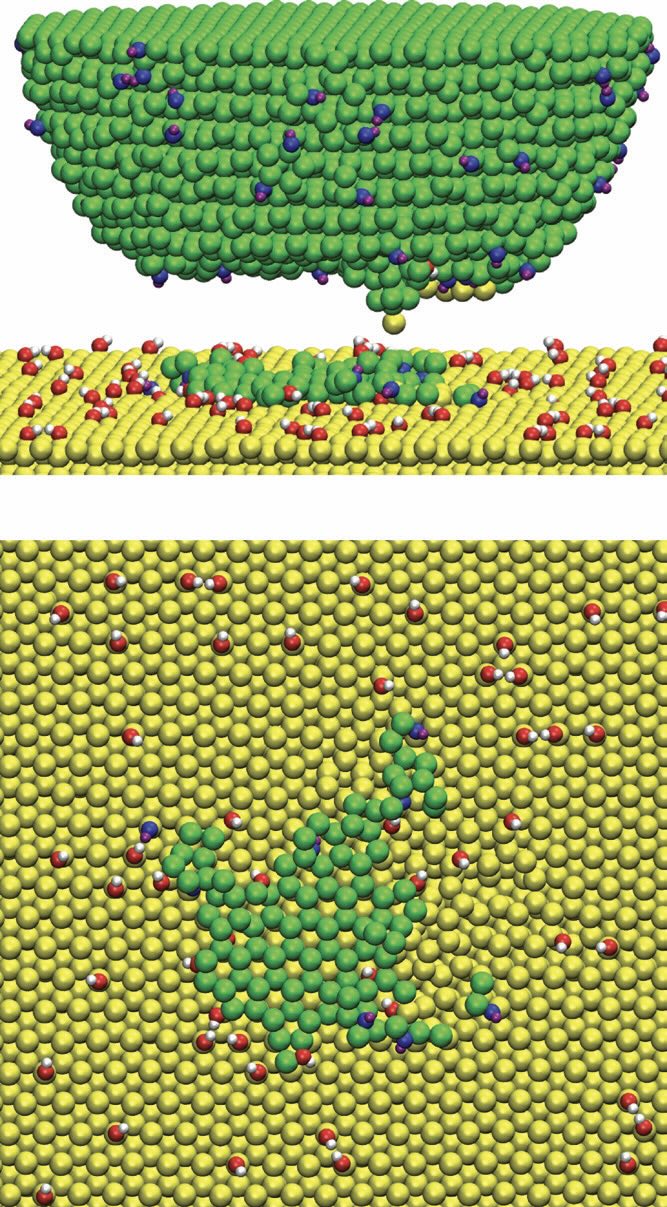 Snapshots of an MD simulation of an -OH terminated Si tip and substrate (with 10% termination) after the tip has been brought into contact with the surface and removed. The upper panel is a side view of the tip, and part of the substrate while the lower panel is looking down on the surface of the substrate after the tip is retracted. Si, O and H atoms that originate in the tip are represented as green, blue and purples spheres, respectively. Si, O and H atoms from the substrate are represented as yellow, red and white spheres, respectively. 