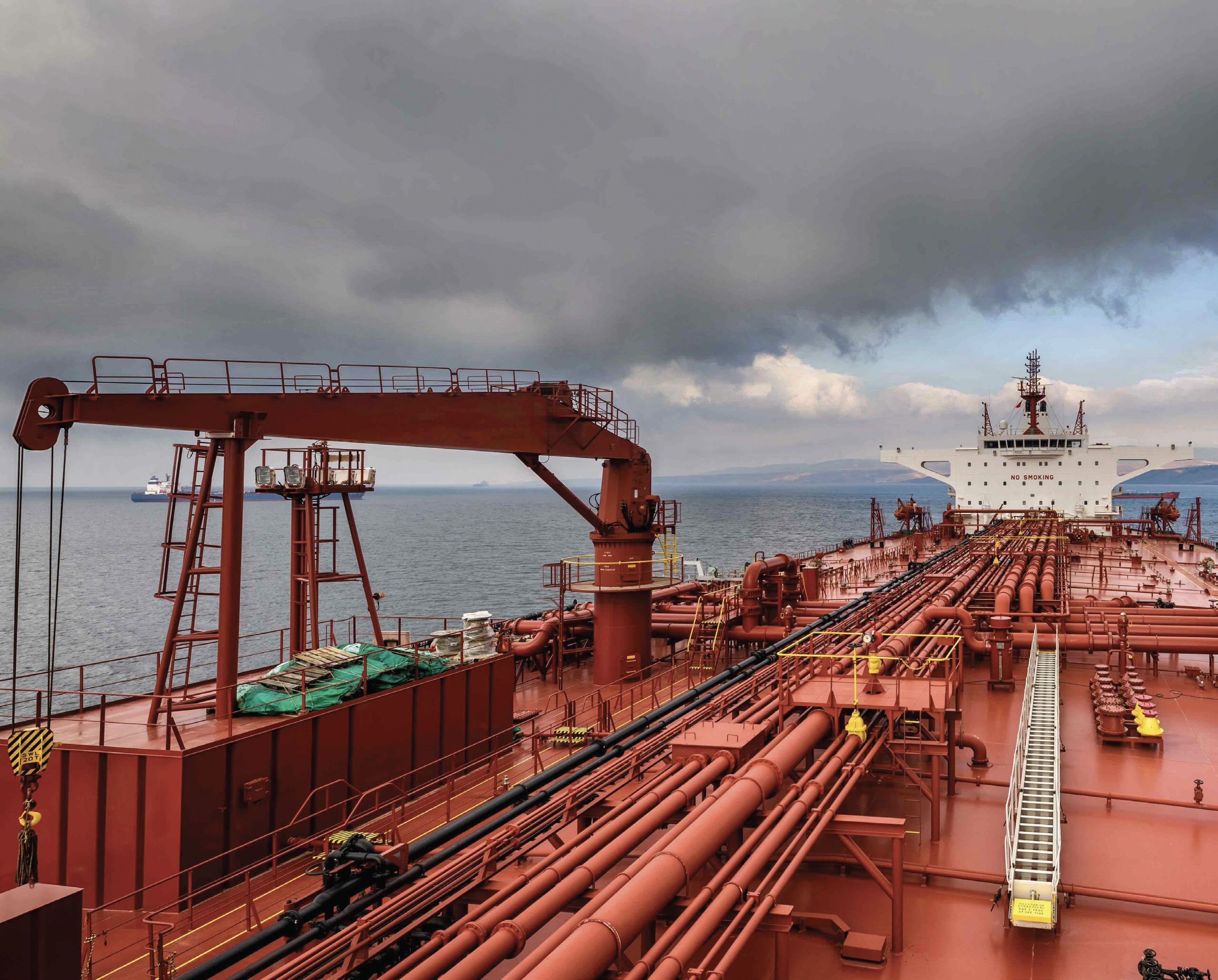 The red deck of a cargo ship