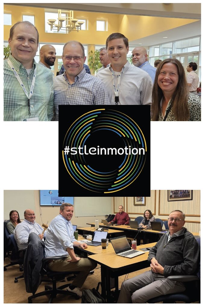 Two photos, one of a group of 4 smiling people, and one of a group sitting in a conference room.  Between them in the STLE in motion graphic with circles around the words.