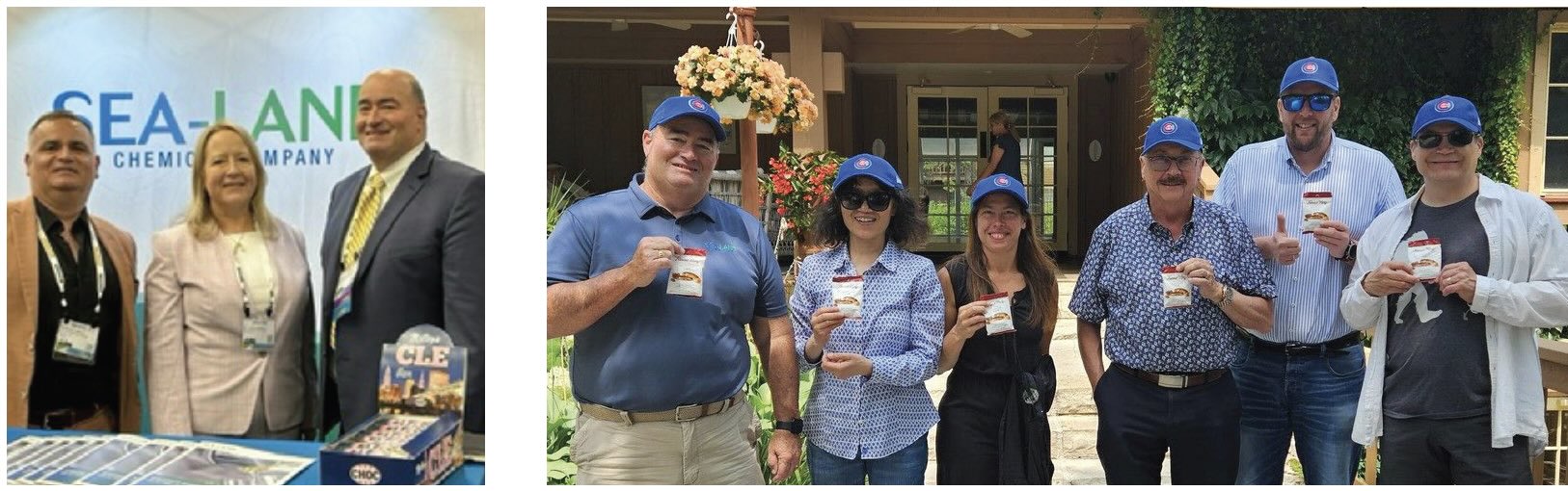 Two photos, one of a group of 3 people in suits at a conference, and one of 6 people wearing blue baseball hats and smiling