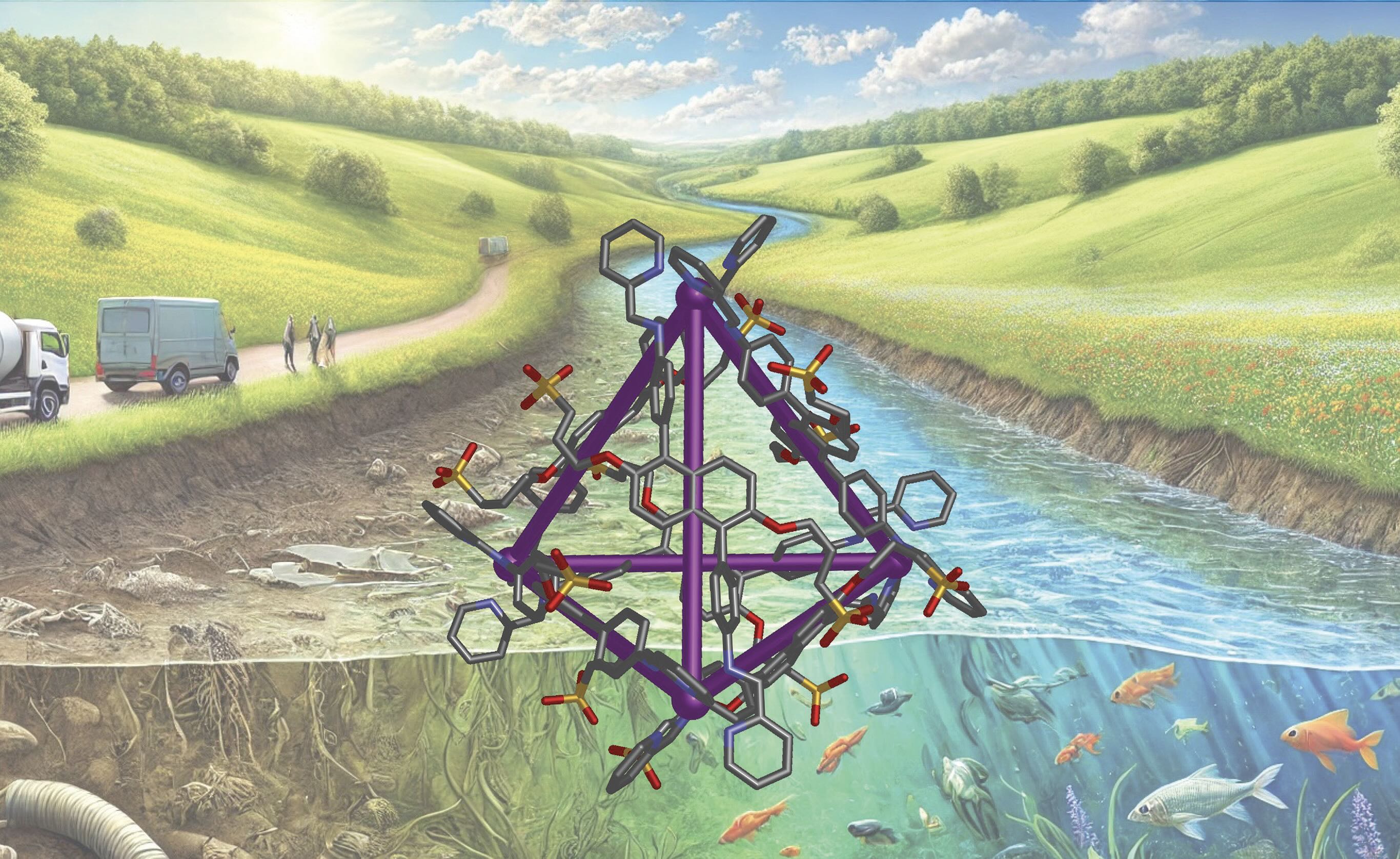 A schematic of a metal-organic cage in the shape of a tetrahedron was able to remove specific steroid hydrophobes from wastewater
